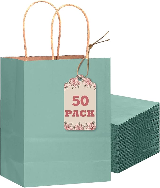 qiqee 50-Packs Gift Bag with Handles Bulk Kraft Light Blue Paper Bags Multiple by Qiqee