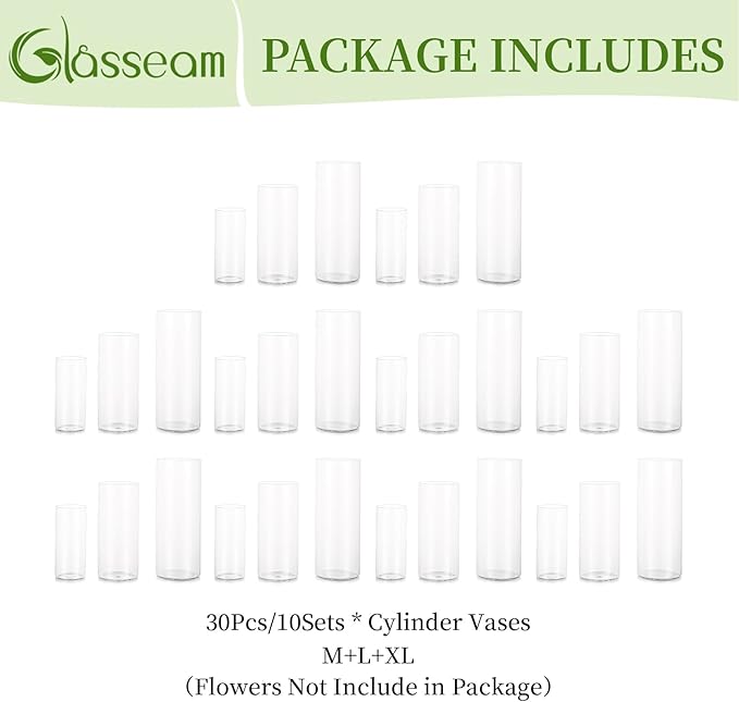 Glasseam Clear Cylinder Vases for Centerpieces, Glass Cylinder Vase Set of 30 - Image 7
