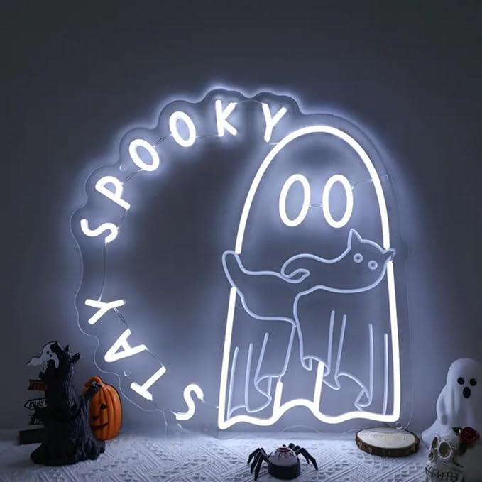 Ghost holding a cat Stay Spooky Neon Sign, Funny Halloween Party Wall Decor - Image 7