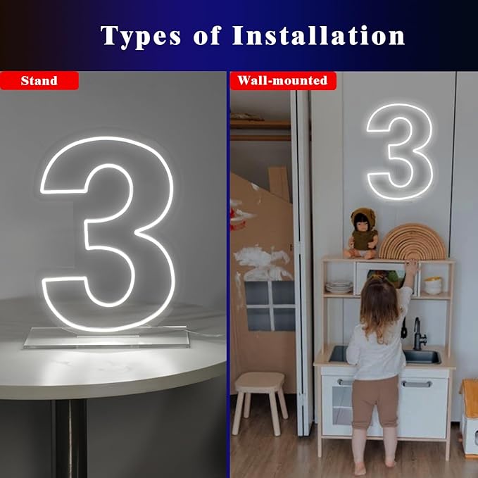 Number 3 Neon Sign for Birthday, 16.54" Cool White USB Battery Powered Led Neon - Image 4