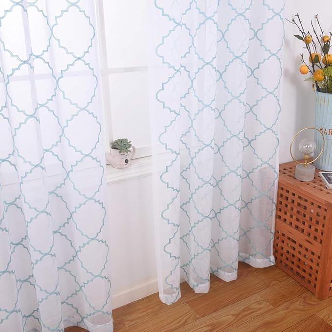 Embroidery Sheer Curtains Blue 95 Inches Long, Window Treatments Rod Pocket - Image 7