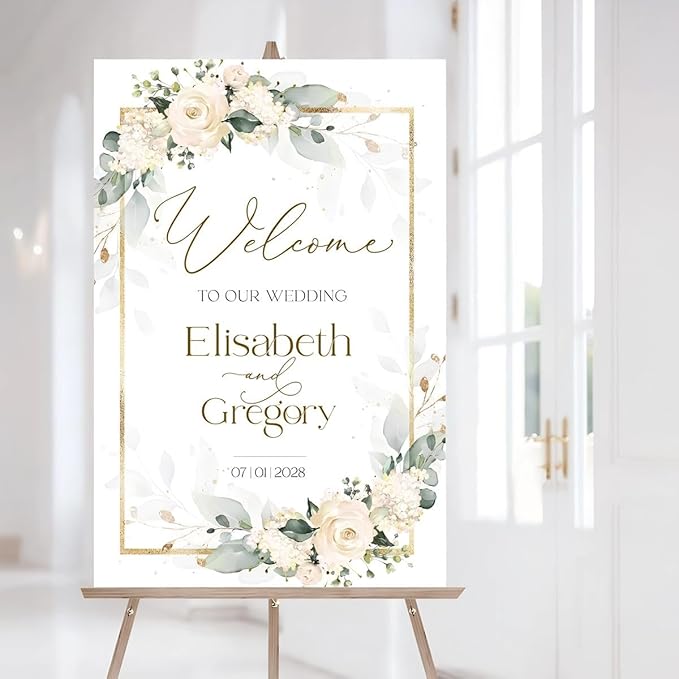 Ivory Wedding Welcome Sign, Cream Beige Floral Wedding Sign - Image 2