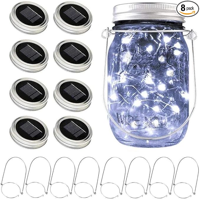 SunKite Solar Mason Jar Lights, 8 Pack 20 LED Waterproof Fairy Firefly Jar Lids by SunKite