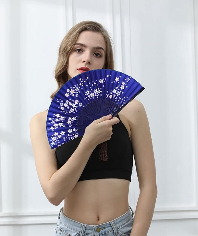 Amajiji Folding Hand Fan for Women, Chinese Japanese Vintage Style Bamboo Silk - Image 3