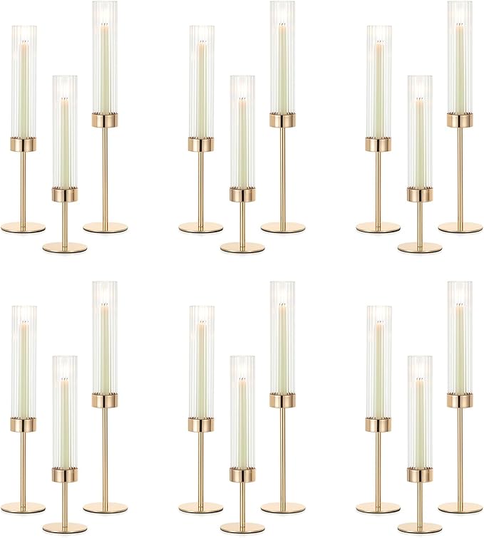 NUPTIO Hurricane Glass Candles Holder: 18 Pcs Gold Taper Candle Stick Holder by Nuptio
