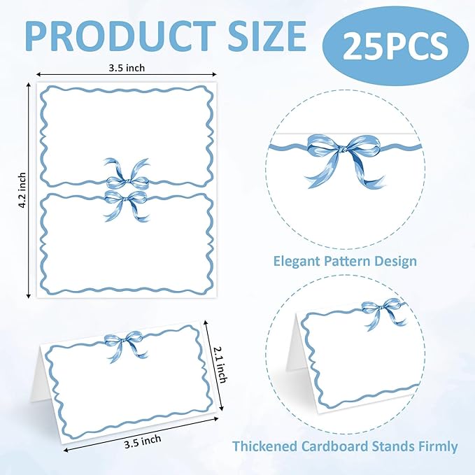 25 Pcs Blue Bow Place Cards, Blank Tent Name Cards - Image 2