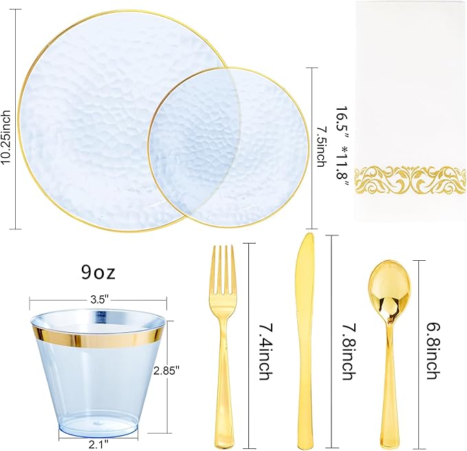 Rubtlamp 175 Pcs Plastic Dinnerware Set, Hammered Party Plates Set Include - Image 2