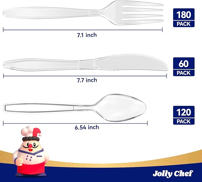 JOLLY CHEF 360 Count Heavy Duty Clear Plastic Silverware-180 Forks, 120 Spoons - Image 2
