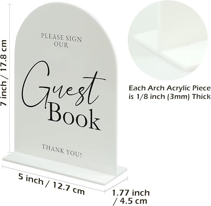 White Arch Acrylic Wedding Sign- 5"x7" Guest Book Sign and Base, 1/8" Thick | - Image 2