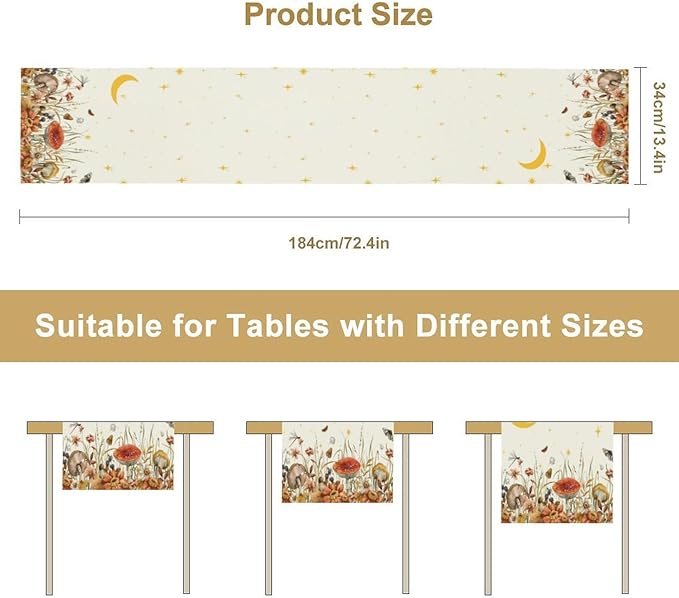 Mushroom Kitchen Table Runner, Gothic Moon Star Plants Witchy Moonlit Flower - Image 3
