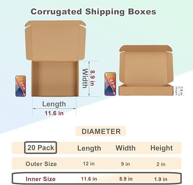 MEBRUDY 12x9x2 Inches Shipping Boxes Pack of 20, Small Corrugated Cardboard Box - Image 2