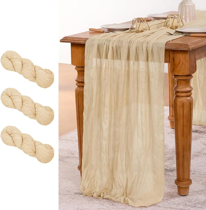 MLMW 3 Pack Champagne Gold Table Runner Cheesecloth Boho Gauze Rustic Cheese by MLMW