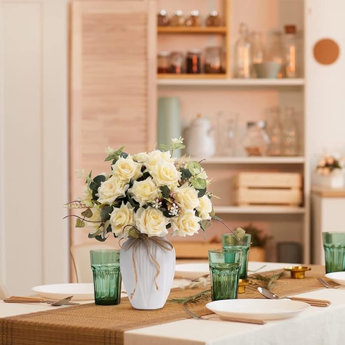 LESING Artificial Rose with Vase, Fake Silk Flowers Bouquets in Vase Table - Image 7