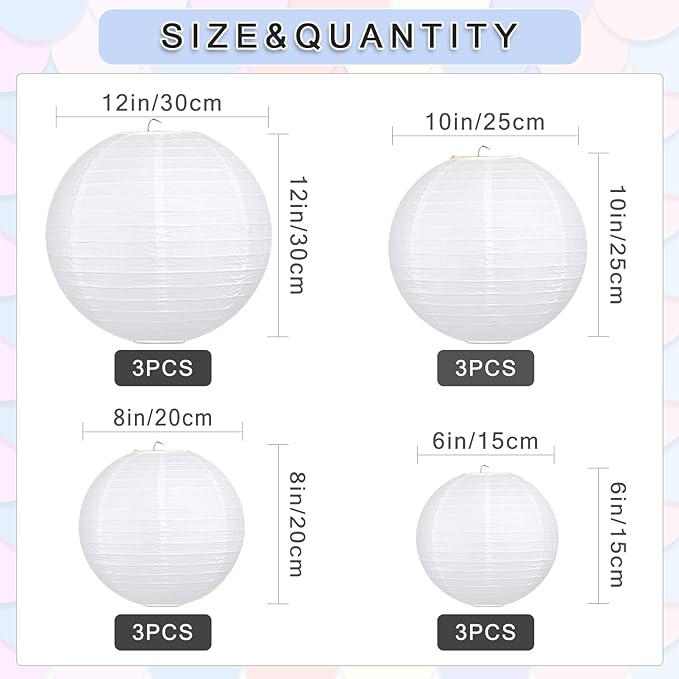 12Pcs Round Paper Lanterns Assorted Sizes - Image 2