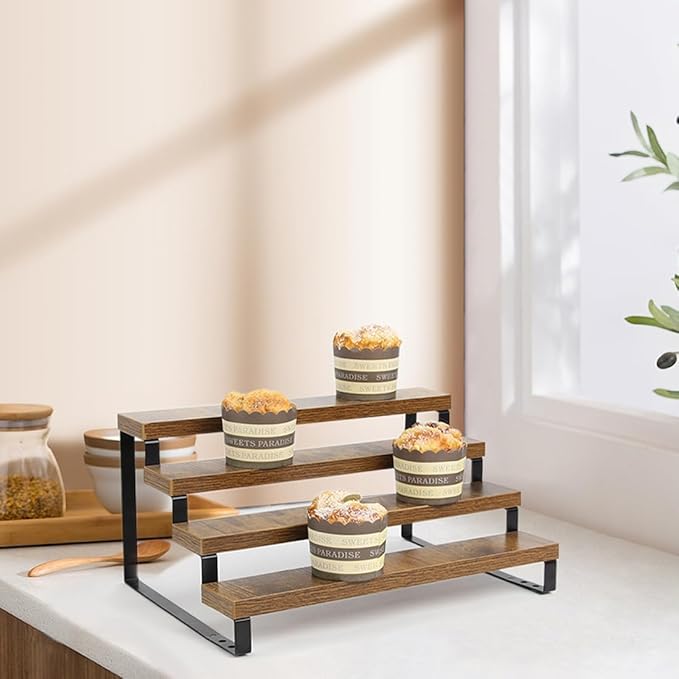 4-Tier Wooden Display Riser Shelf Stand for, Condiment & Dolls Collection Home - Image 2