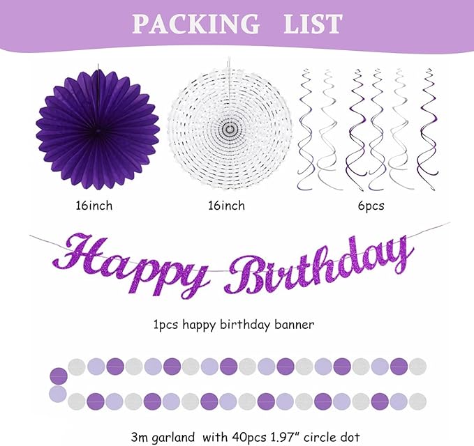 Purple and Silver Party Decorations-21PCS Happy Banner, Paper Lanterns Streamers - Image 7