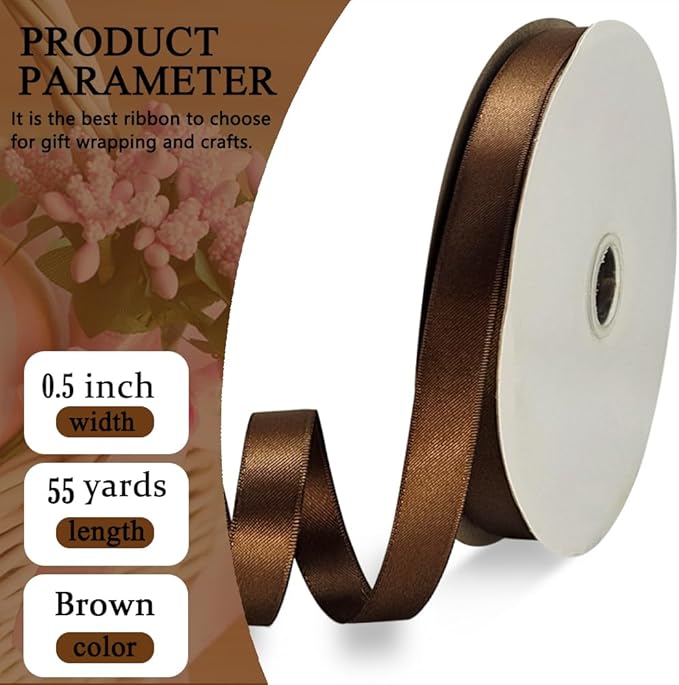 Brown Satin Ribbon Double Faced Satin 1/2 inch x 55 Yards Polyester Ribbon - Image 2