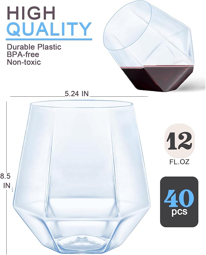 40 Pcak Plastic Stemless Wine cocktail Whiskey Champagne Glasses, 12 Oz - Image 2