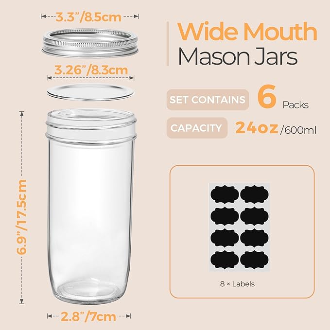 ComSaf 24 oz Mason Jars Wide Mouth 6 Pcs, Large Canning Jars - Image 2
