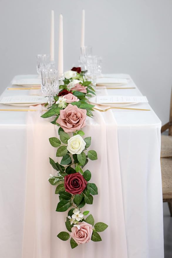 PONATIA 5FT Burgundy Artificial Flowers Garland, Dusty Rose Flowers Garland - Image 5