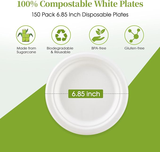 ECOLipak 6.85 Inch Compostable Dessert Paper Plates, 150 Pack Disposable - Image 2