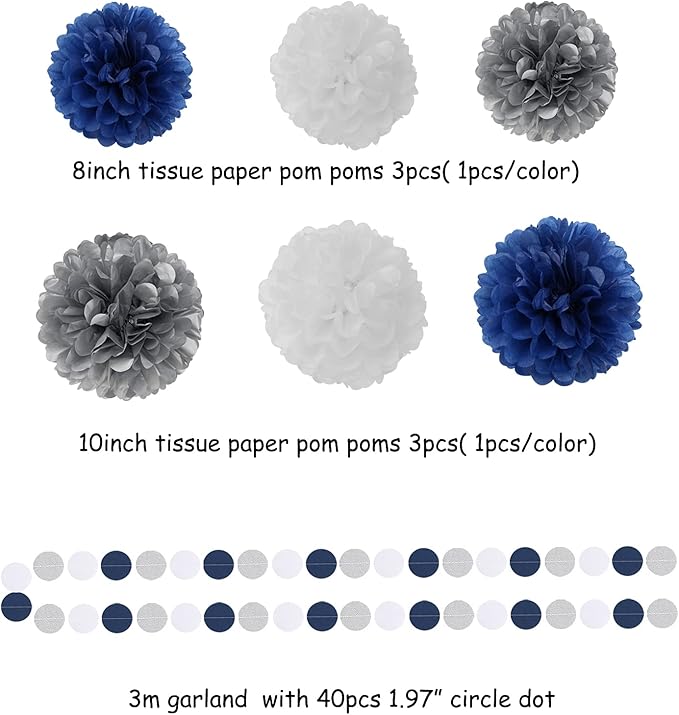 Navy Blue White Silver Party Decorations, Tassel Garland Banner Flowers - Image 3