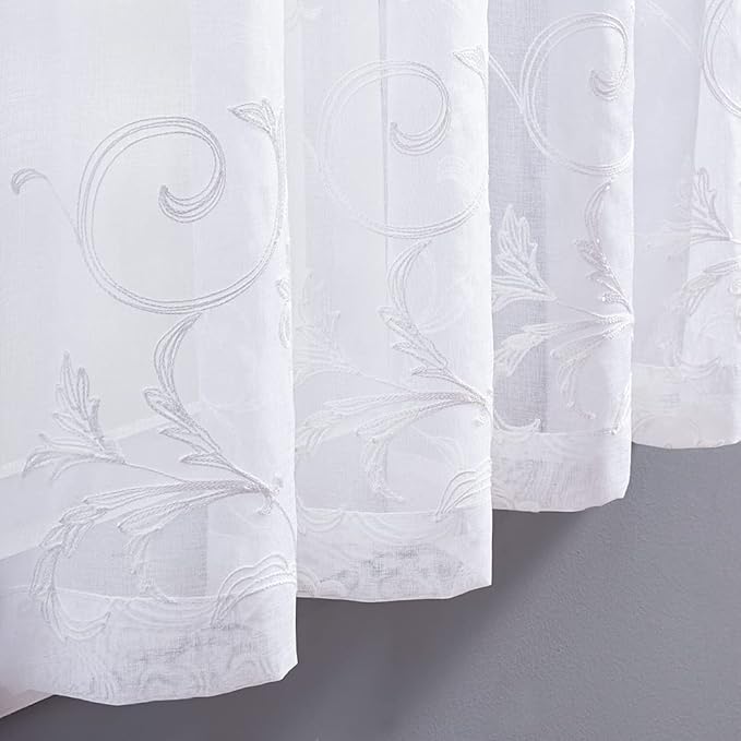 Floral Embroidery Sheer Curtains White 45 Inch Length, Vintage Rod Pocket Voile - Image 6