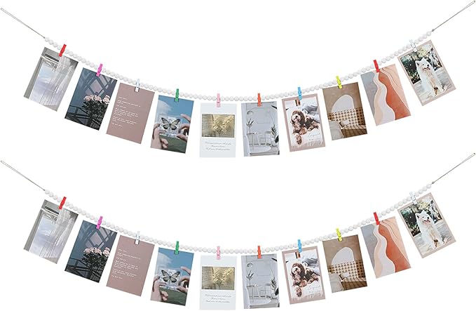 Hanging Photo Display with Clips, Boho Wooden Bead Garland Collage Picture by KLOGTSINDDirect