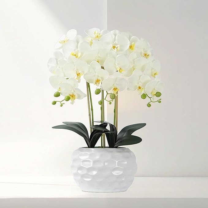 Orchid Artificial Flowers with White Vase Large Silk Faux Phalaenopsis Flowers - Image 3