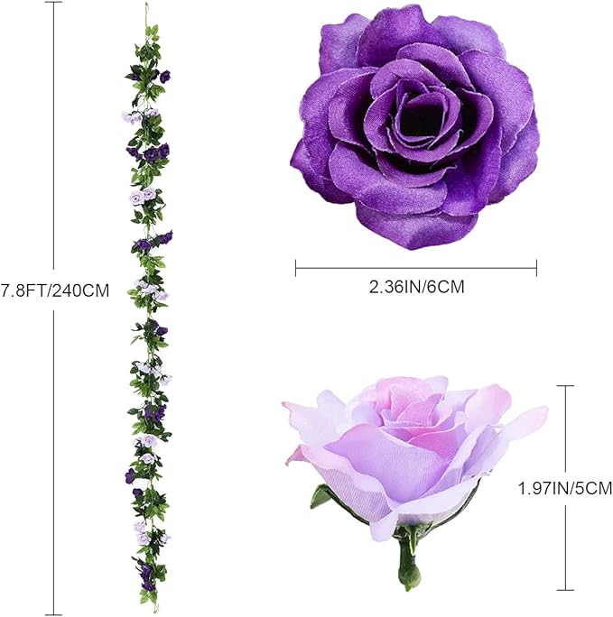 Veryhome 3PCS 23.7FT Artificial Purple Rose Flower Garland, Silk Hanging Floral - Image 6