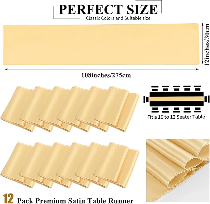 12 Pack Champagne Gold Satin Table Runner, 12 x 108 inch Long Premium Smooth - Image 2