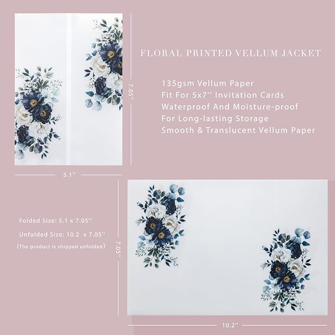 PONATIA 50PCS Vellum Jackets for 5x7 Invitation Cards- 135GSM Navy Blue Flowers - Image 3