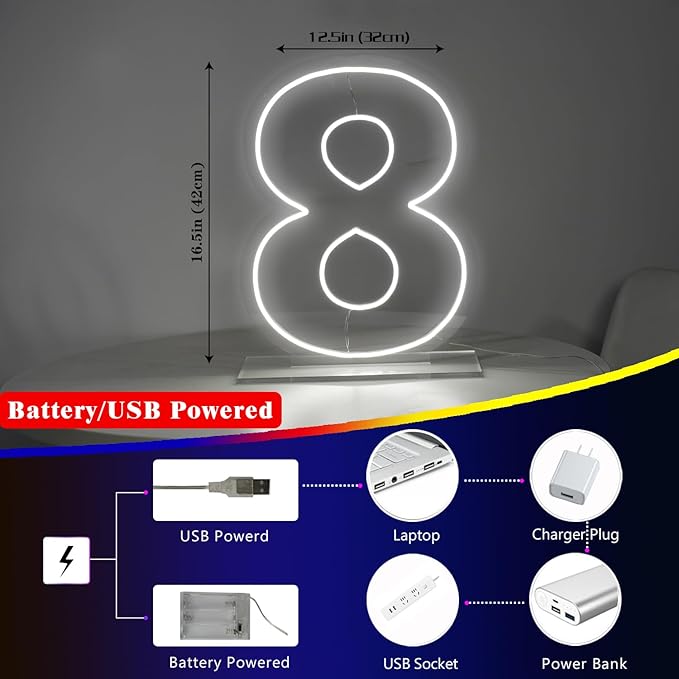 Number 8 Neon Sign for Birthday, 1.38ft Cool White USB Battery Powered Led Neon - Image 4