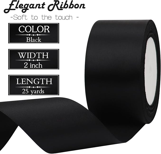 Black Solid Satin Ribbon 2 Inch 25 Yards Solid Polyester Fabric Ribbon - Image 3