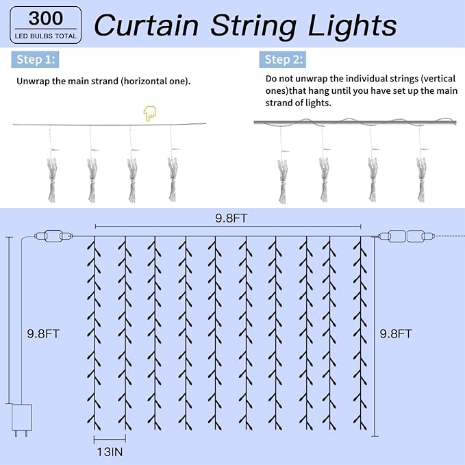 300 LED Curtain String Lights 9.8FT Plug in Fairy Lights - Image 6
