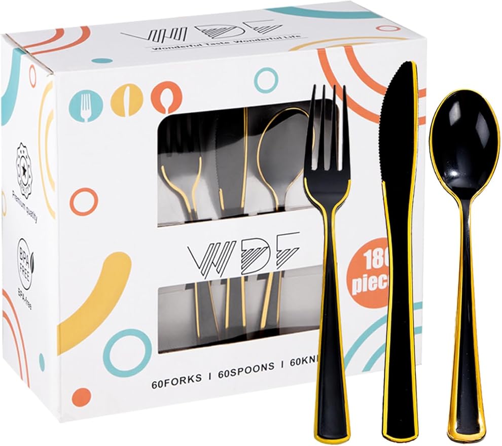 WDF 180 Pieces Black and Gold Plastic Silverware -Halloween Black Plastic by WDF