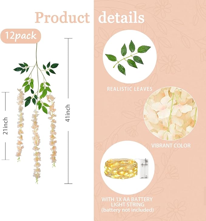 12 Pack Champagne Wisteria Hanging Flowers Garland - Image 2