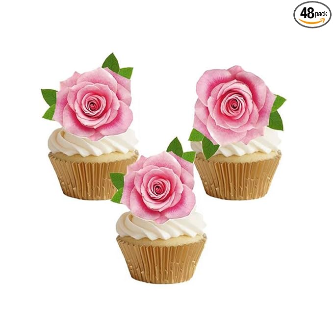 Not 3D 24Pcs Edible Cupcake Topper Pink Rose By Rice Paper Cake Decoration by GEORLD