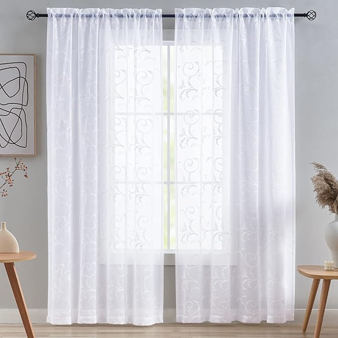 Floral Embroidery Sheer Curtains White 84 Inch Length, Rod Pocket Vintage Voile - Image 3