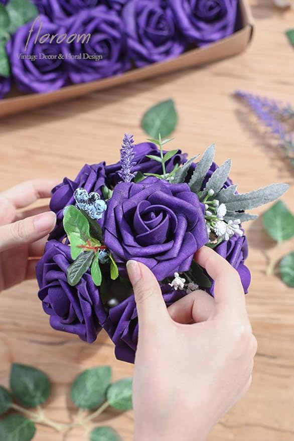 Floroom Artificial Flowers 25pcs Real Looking Dark Purple Foam Fake Roses - Image 2