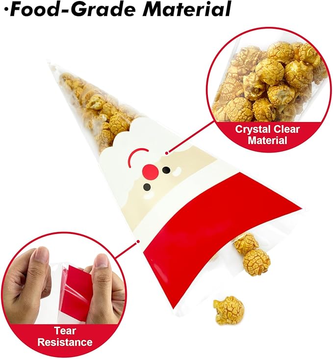 EKAPACKAGING 50Pcs 6.3x11.8 Inches Santa Print Cone Shaped Treat Bags - Image 3