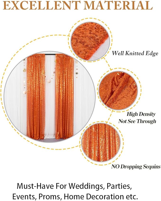 ShinyBeauty Orange Sequin Backdrop Curtains 2 Panels 2FTx8FT Orange Sparkly - Image 5