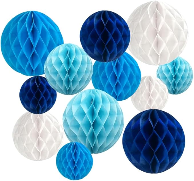 Aiminjey 12Pcs White Blue Paper Honeycomb Flower Balls 6'' 8'' 10'' Decorative by Aiminjey