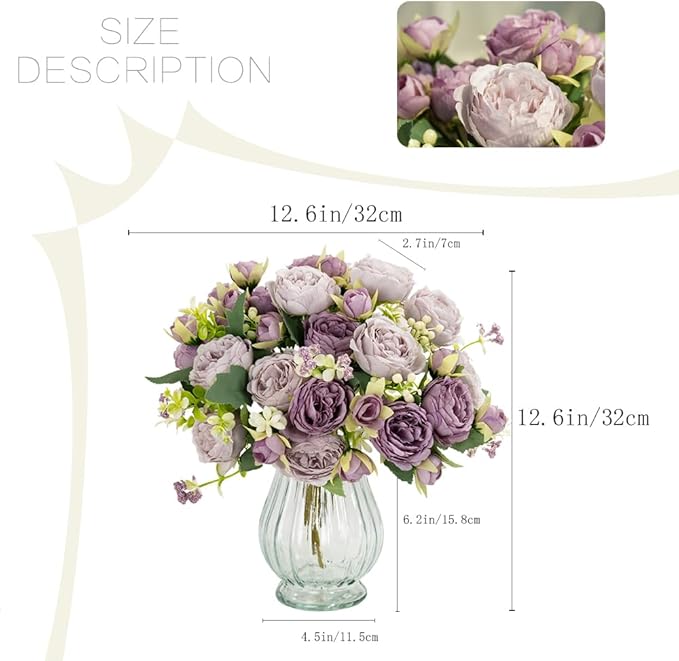 Artificial Peonies Silk Flowers in Glass Vase Faux Flowers Bouquets Modern - Image 4