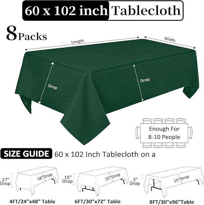 8 Pack Dark Green Tablecloth 60 x 102 Inch Rectangular Tablecloths - Image 2