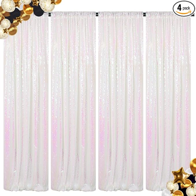 ShinyBeauty Sequin Backdrop Curtains 2FTx8FT 4 Panels Iridescent White by ShinyBeauty