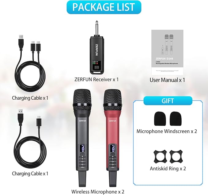 Rechargeable Wireless Microphones Dual, Pro Handheld Cordless Mics System - Image 7