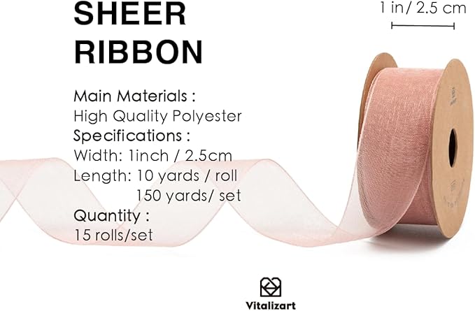 Vitalizart 1" x 150 Yd Organza Ribbon Mixed Color Sheer Ribbons Set 10 Yd x 15 - Image 2