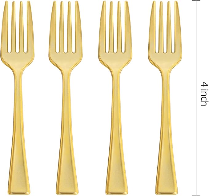 N9R 200PCS Gold Plastic Mini Forks, 4 Inches – Heavy Duty Disposable Cocktail - Image 2