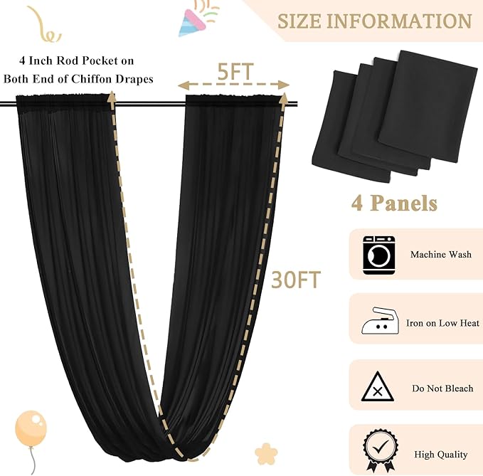 MODFUNS Black Ceiling Drapes Wedding Arch Drapery 5x30ft 4 Panels Chiffon Sheer - Image 3